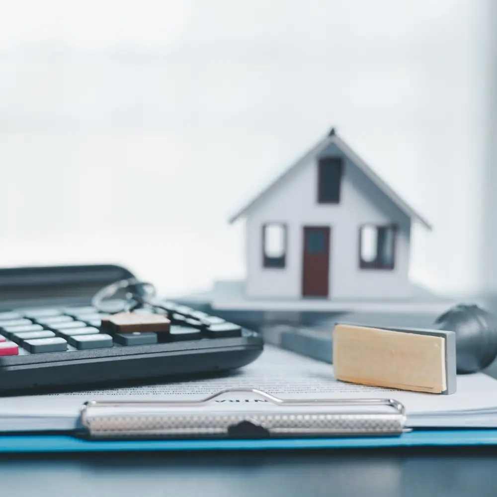 A calculator, house model, and clipboard represent home loans and mortgage refinance paperwork on a desk.