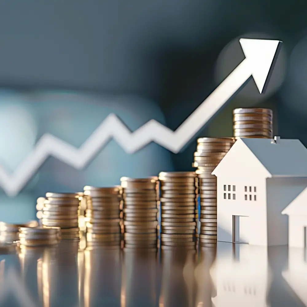 Stacks of coins and a small house model with an upward arrow, representing growth in home loans for first-time home buyers.