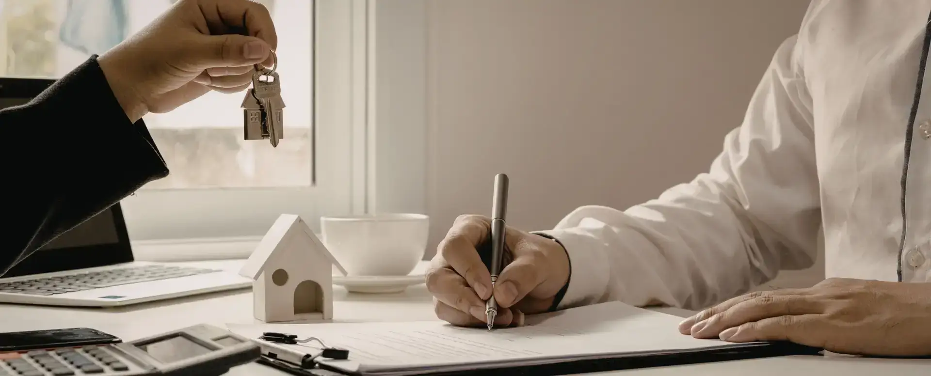 Person signing documents as another hands over keys; a small house model suggests home loans are in process.