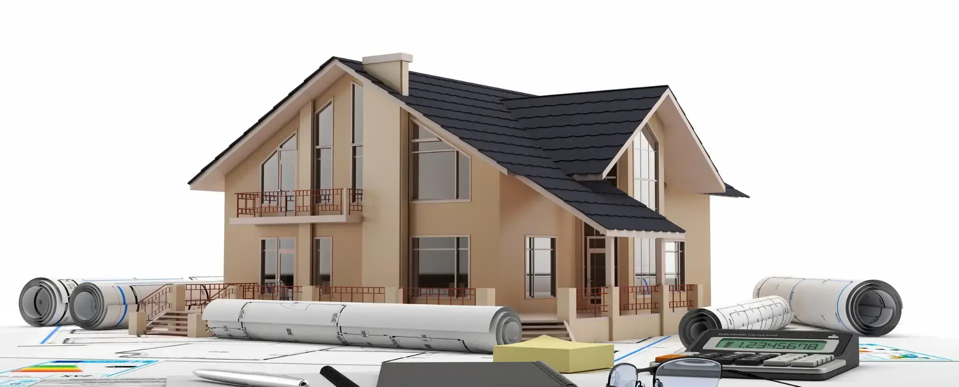A model house with blueprints, calculator, and tools—ideal for mortgage refinance or purchase home loans.