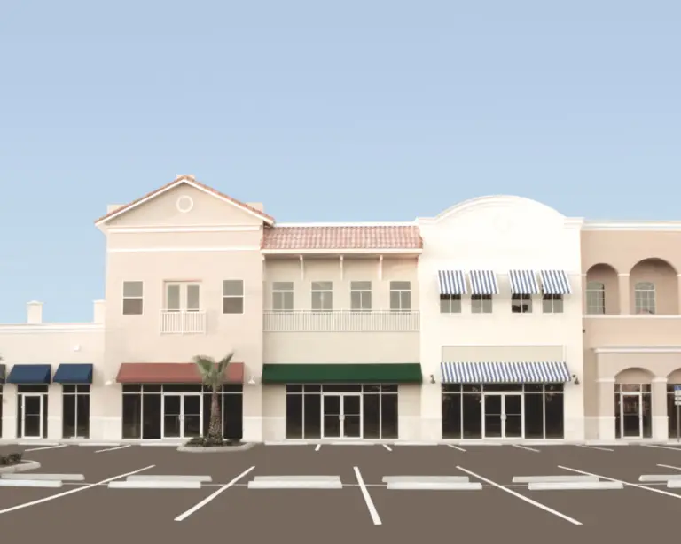 A row of empty storefronts with colorful awnings—perfect for first-time home buyers or those seeking construction loans.