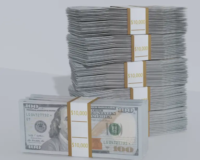 Two large stacks of 0 bills, each labeled ,000—ideal savings for first-time home buyers or mortgage lender needs.