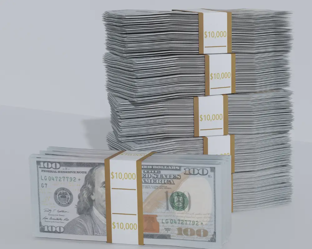 Two large stacks of $100 bills, each labeled $10,000—ideal savings for first-time home buyers or mortgage lender needs.