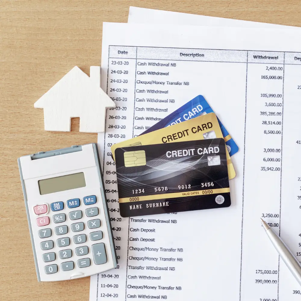 Calculator, credit cards, bank statements, and a pen surround a small house model—perfect for first-time home buyers.