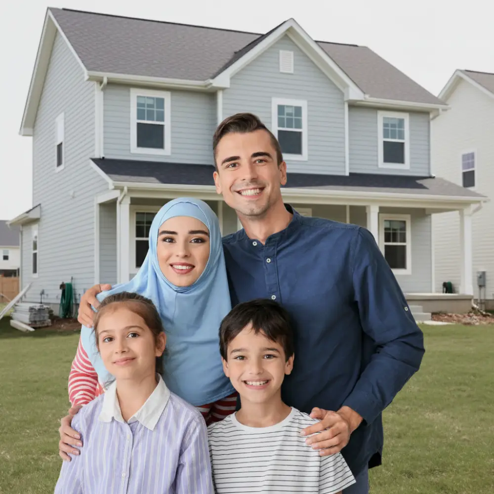 A smiling family of four stands together on a grassy lawn after securing purchase home loans for their modern two-story house.