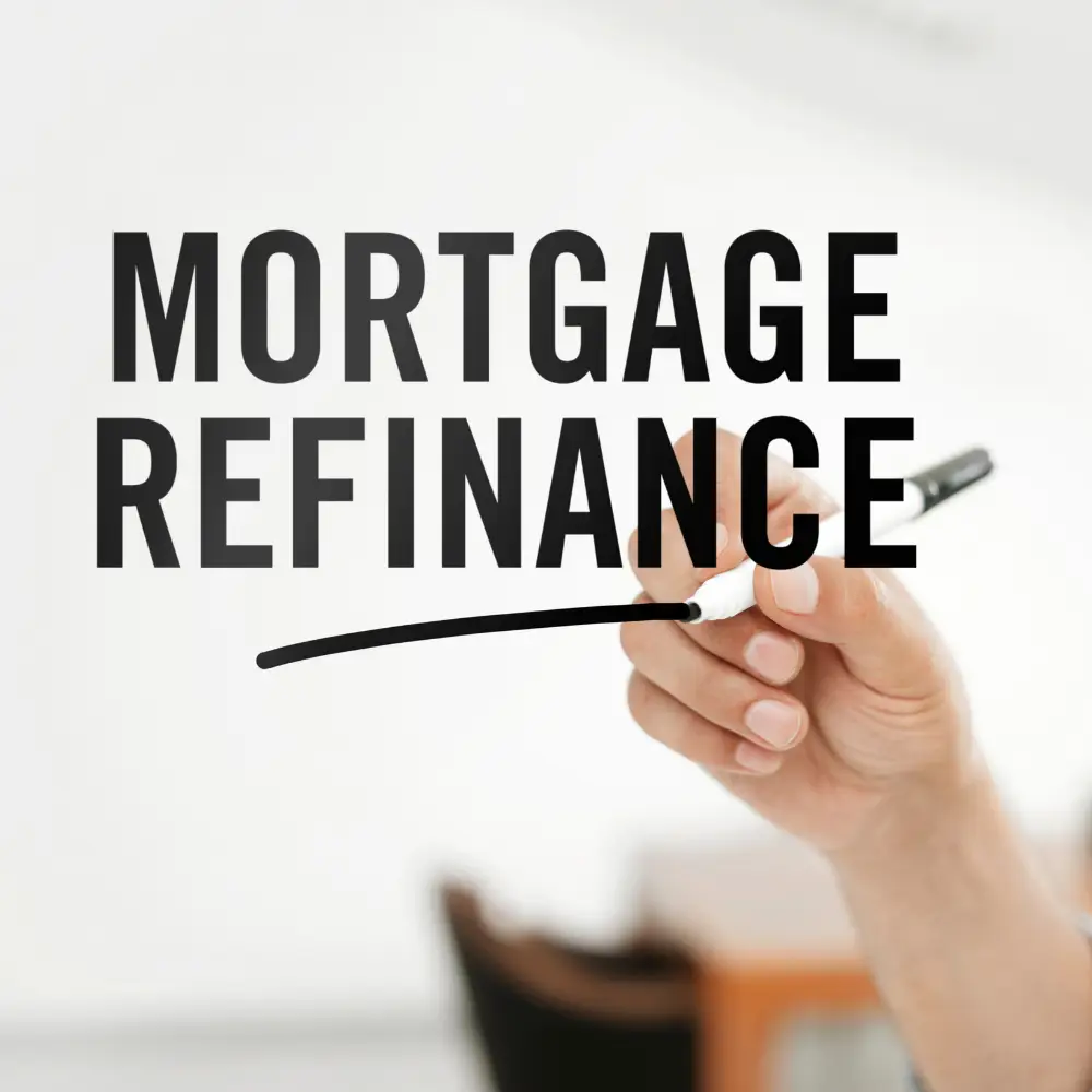 Hand writing “Mortgage Refinance” with a black marker, blurred office background, ideal for mortgage lender visuals.