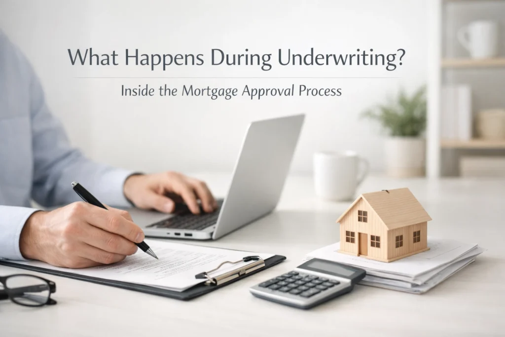 Person working at a desk with a laptop, clipboard, calculator, and a small wooden house, about mortgage underwriting.