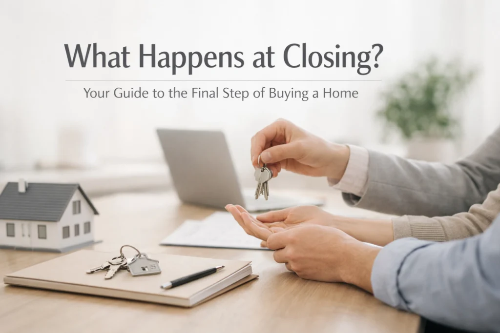 Person handing house keys to another person at a desk with documents; text reads What Happens at Closing?.